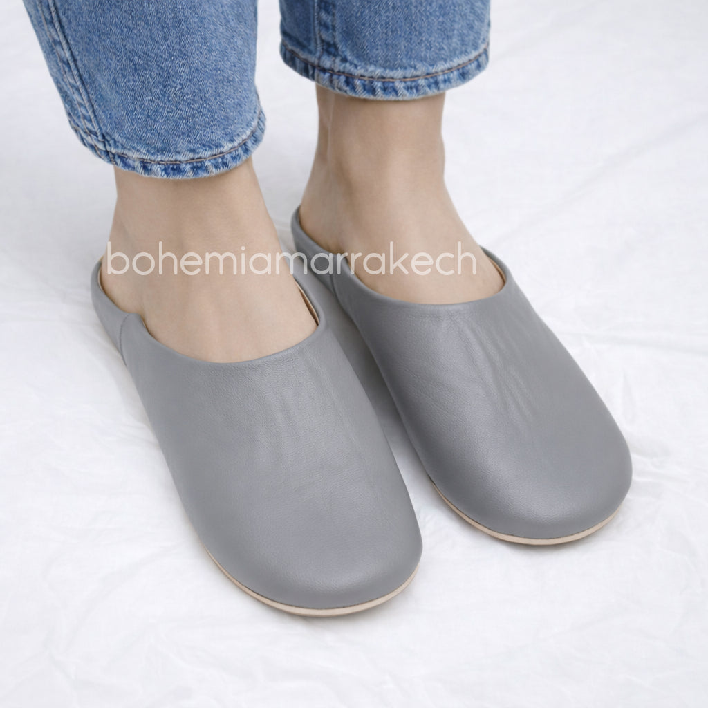 Minimalist Gray Moroccan babouche slippers made from genuine leather