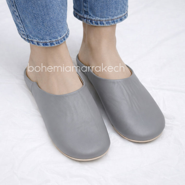 Minimalist Gray Moroccan babouche slippers made from genuine leather