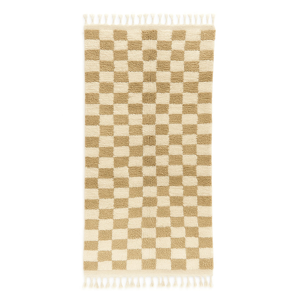 Handmade Moroccan runner rug with beige and white checkerboard pattern crafted from natural wool.