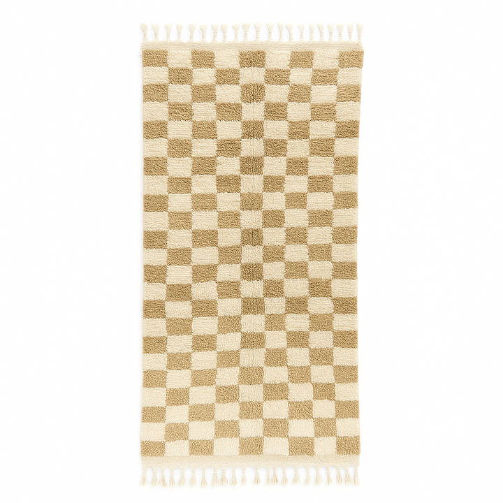 Handmade Moroccan runner rug with beige and white checkerboard pattern crafted from natural wool.