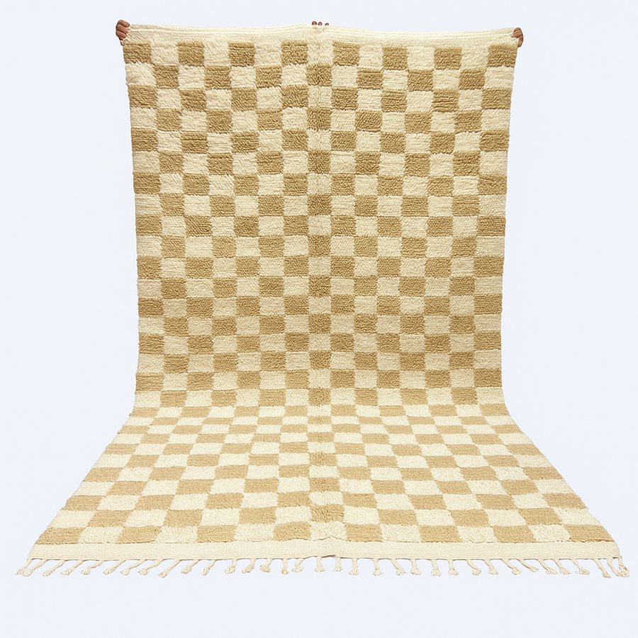 Handwoven beige and cream Moroccan wool rug with checkered design
