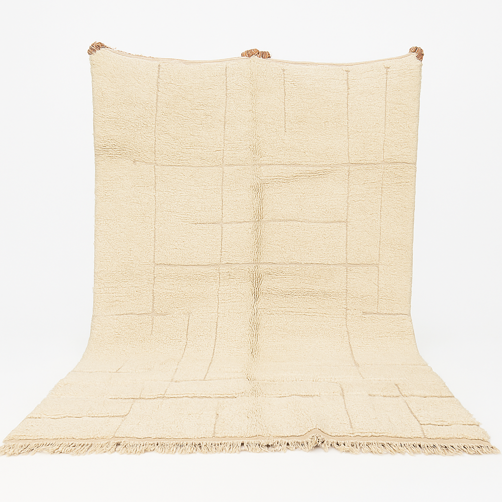 Handwoven beige Moroccan wool rug with shaved grid geometric pattern
