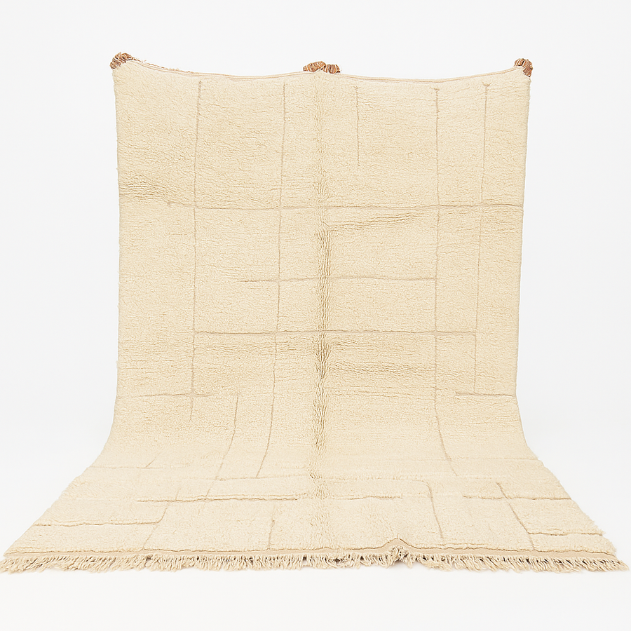 Handwoven beige Moroccan wool rug with shaved grid geometric pattern