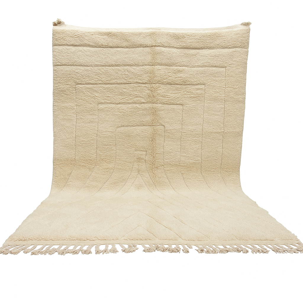 Beige minimalist Moroccan wool rug with tone-on-tone geometric design