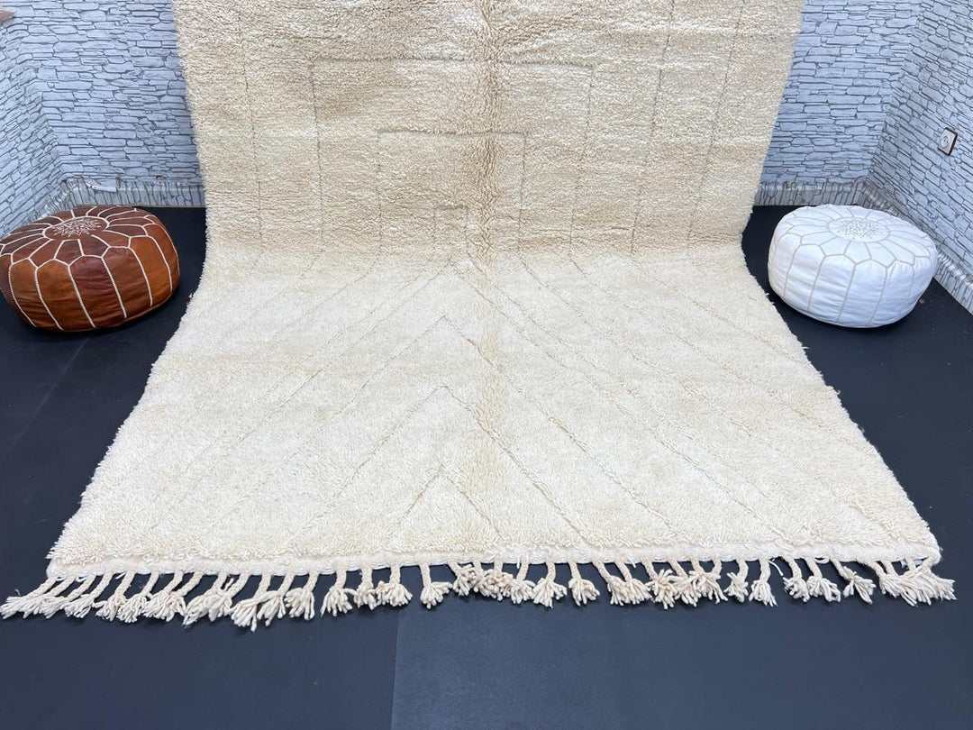 Beige minimalist Moroccan wool rug with tone-on-tone geometric design