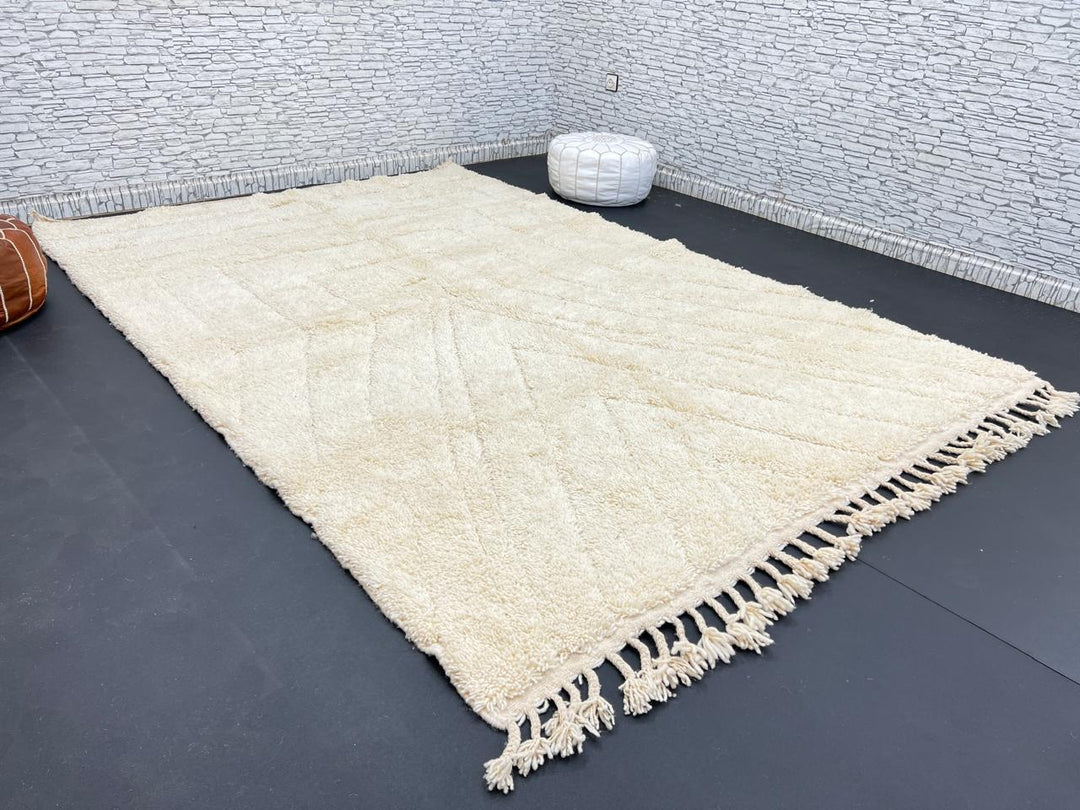 Beige minimalist Moroccan wool rug with tone-on-tone geometric design