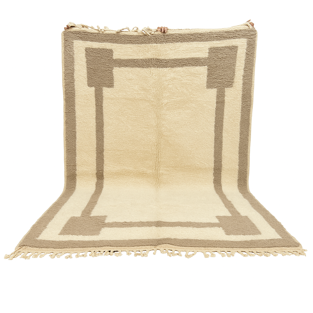 Beige minimalist Moroccan wool rug with geometric border pattern