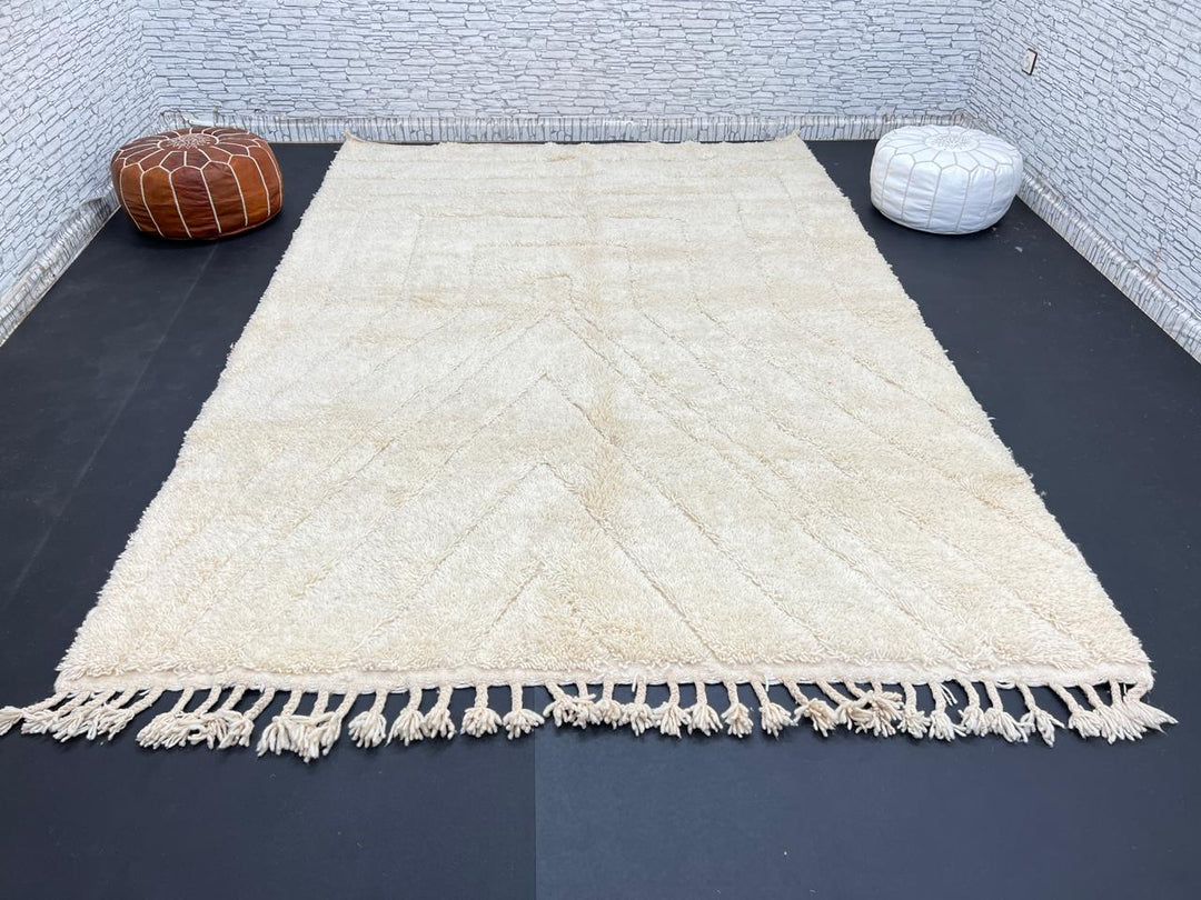 Beige minimalist Moroccan wool rug with tone-on-tone geometric design