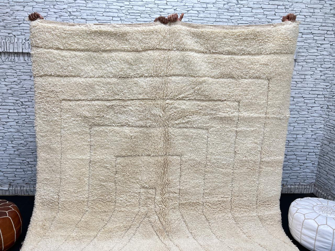 Beige minimalist Moroccan wool rug with tone-on-tone geometric design