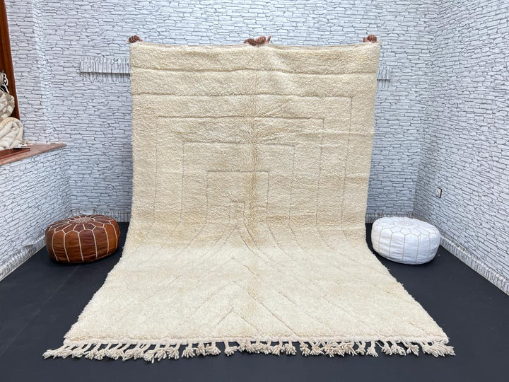 Beige minimalist Moroccan wool rug with tone-on-tone geometric design