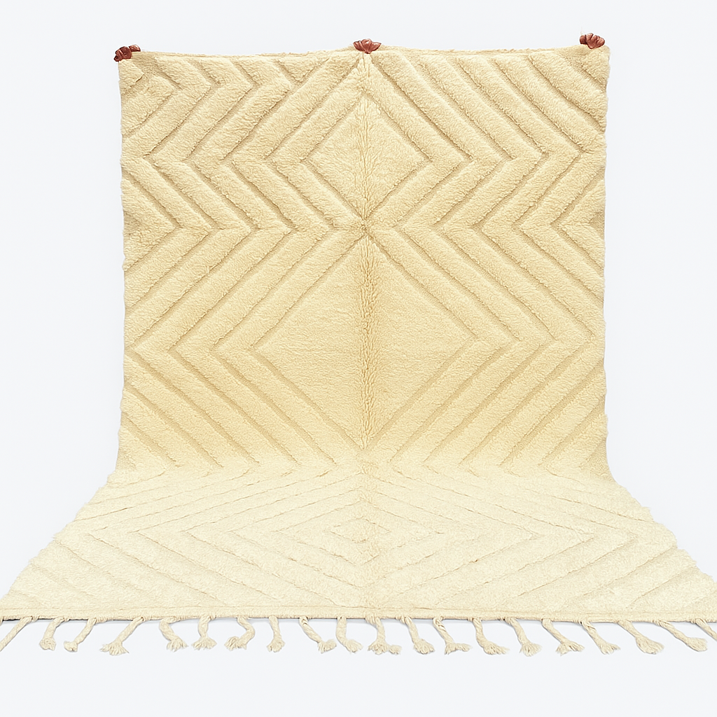 Handwoven beige Moroccan wool rug with minimalist geometric carved pattern