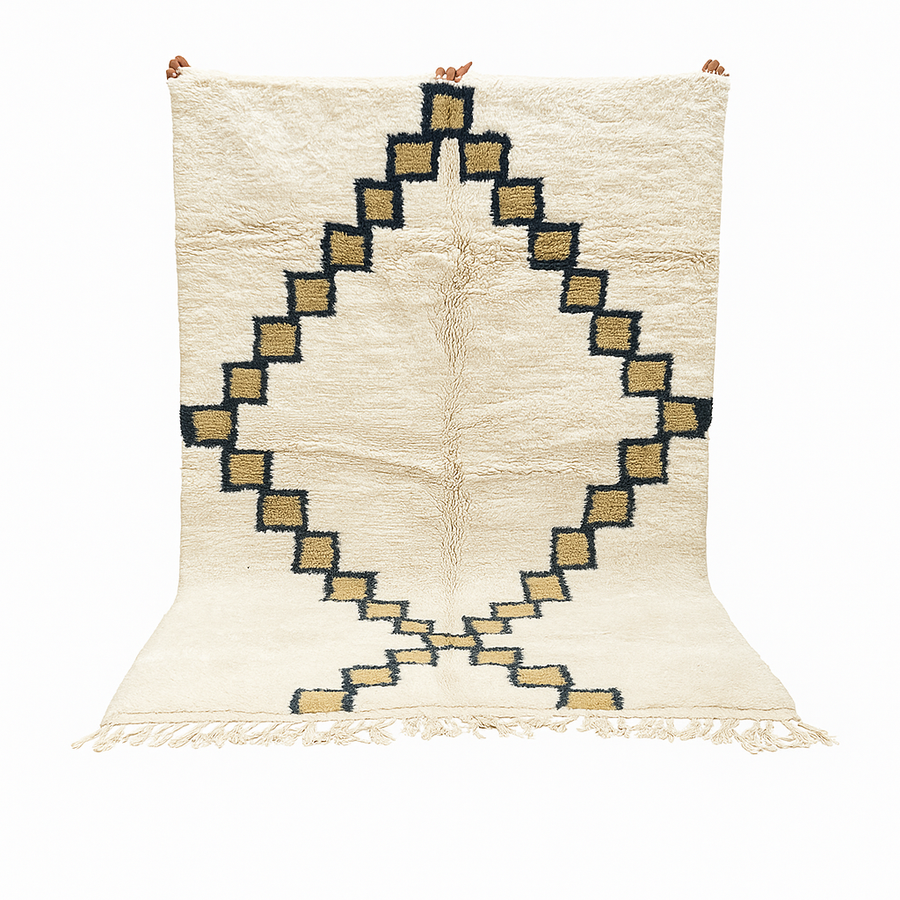 Beige Moroccan wool rug with black geometric diamond pattern, handmade by Berber artisans