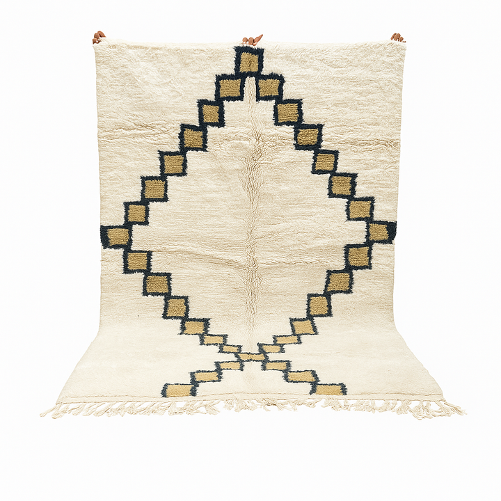 Beige Moroccan Wool Rug with Black Geometric Diamond Design – Handmade Beni Ourain Carpet