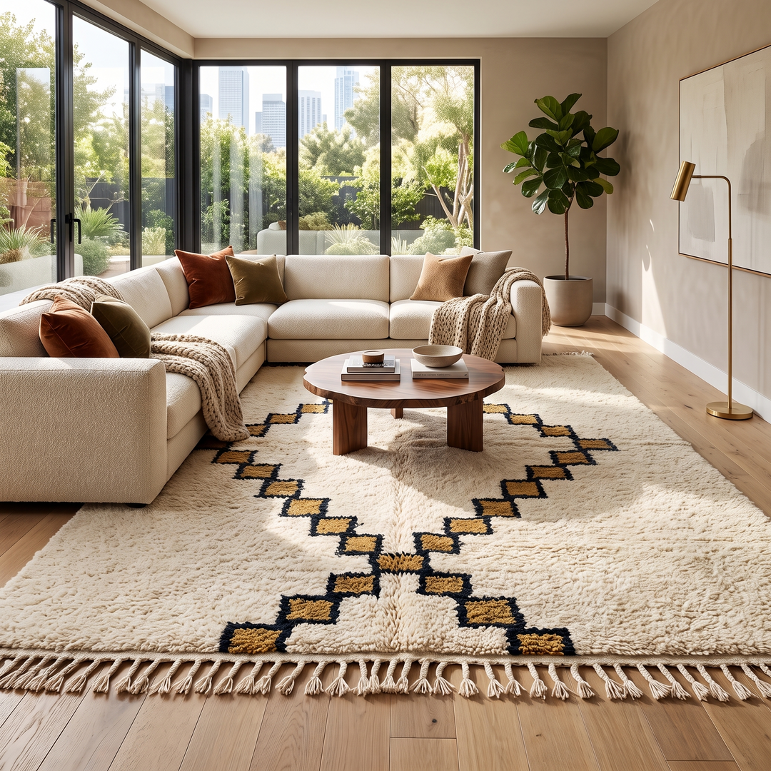 Beige Moroccan wool rug with black geometric diamond pattern, handmade by Berber artisans

