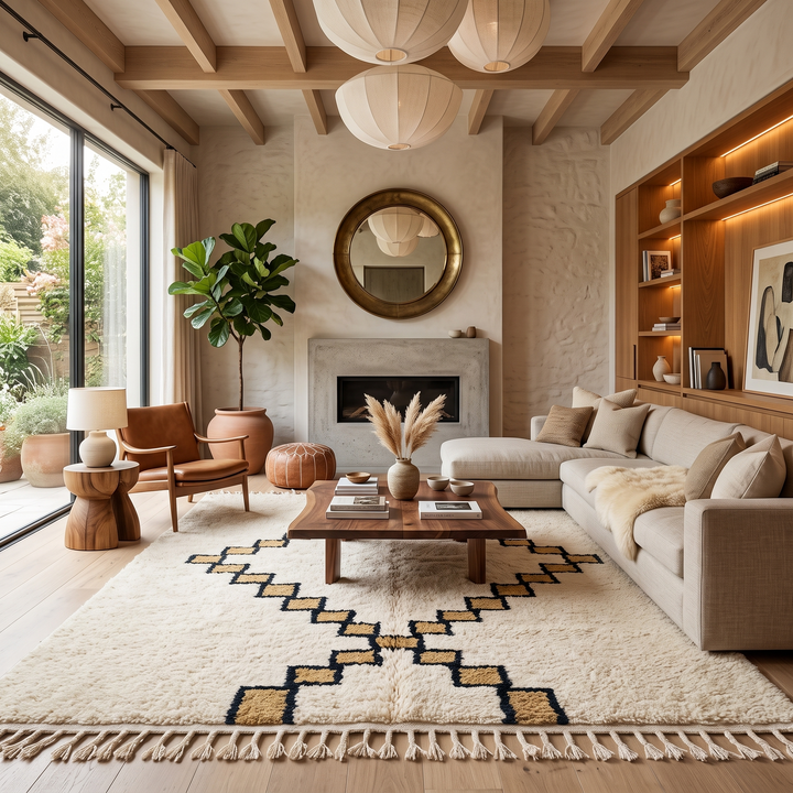 Beige Moroccan wool rug with black geometric diamond pattern, handmade by Berber artisans

