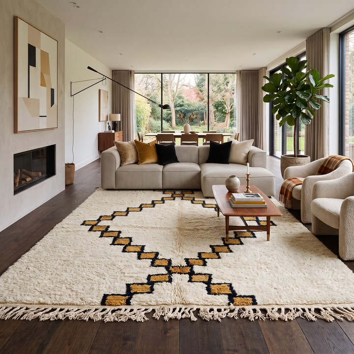 Beige Moroccan wool rug with black geometric diamond pattern, handmade by Berber artisans
