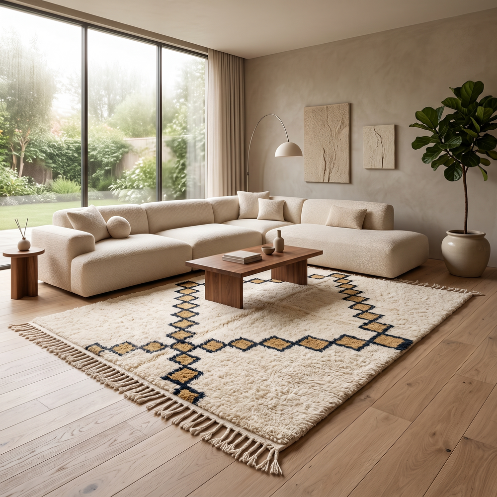Beige Moroccan wool rug with black geometric diamond pattern, handmade by Berber artisans
