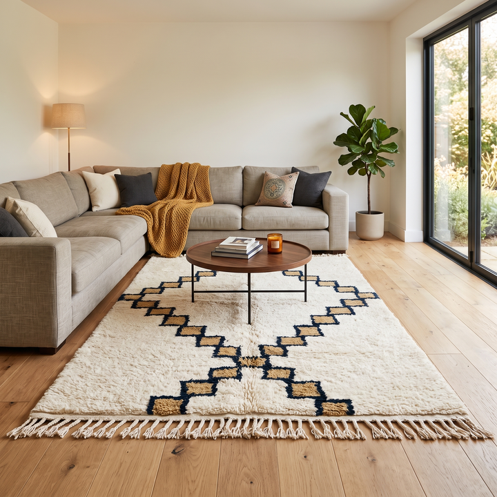 Beige Moroccan wool rug with black geometric diamond pattern, handmade by Berber artisans
