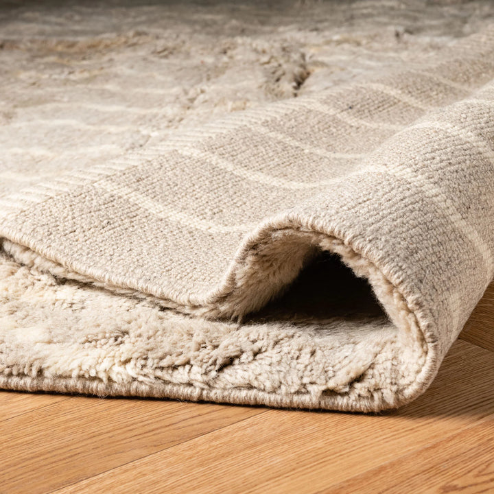 Beige Moroccan Wool Rug with Wavy Shaved Pattern