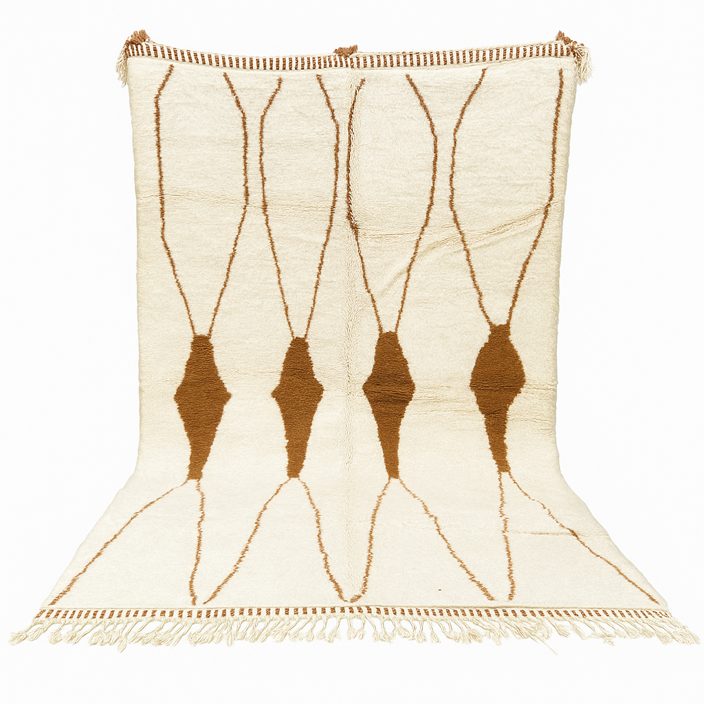 Beige and brown Moroccan wool rug with geometric design, handmade by Berber artisans using natural wool