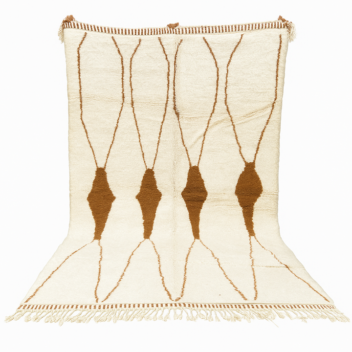 Beige and brown Moroccan wool rug with geometric design, handmade by Berber artisans using natural wool