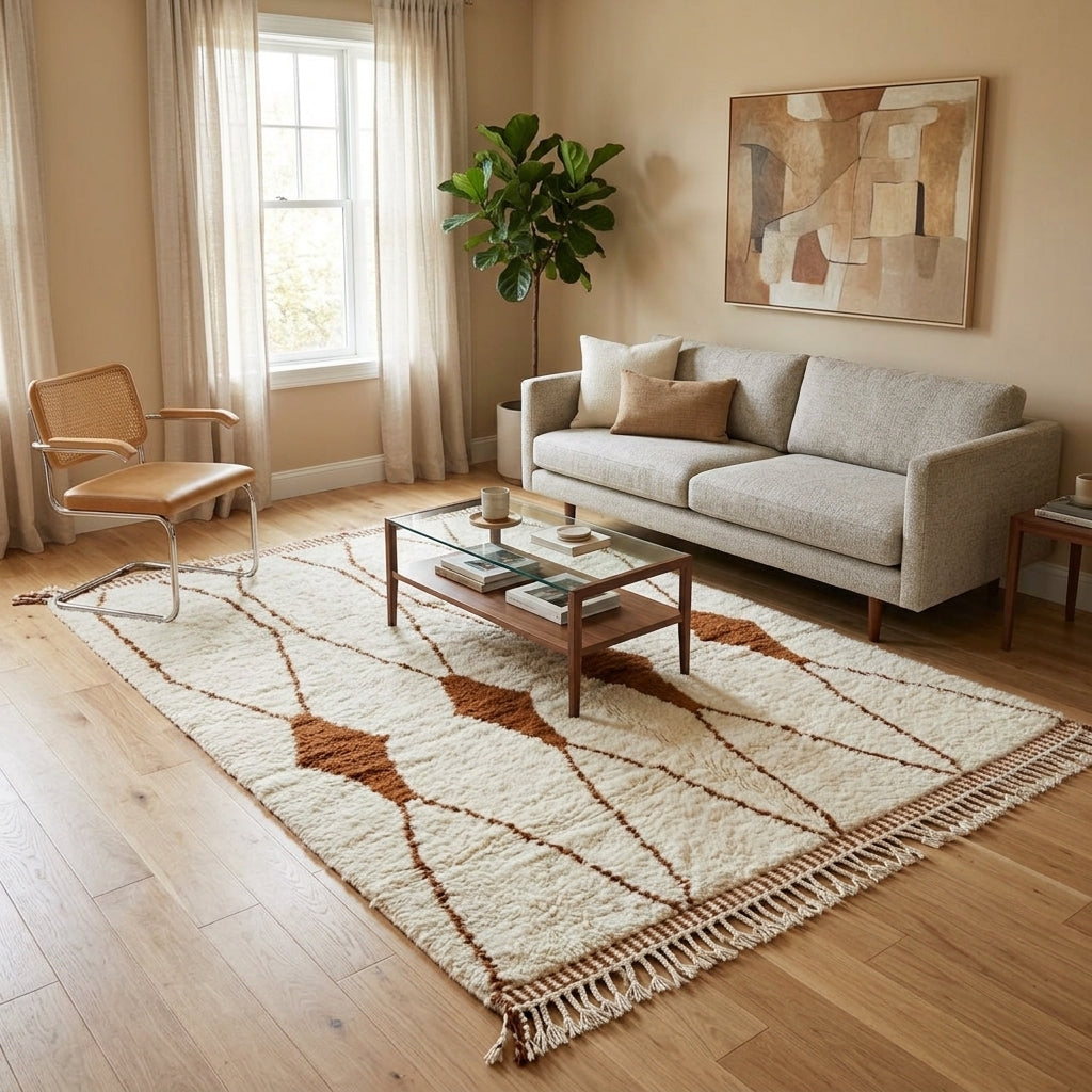 Beige and brown Moroccan wool rug with geometric design, handmade by Berber artisans using natural wool
