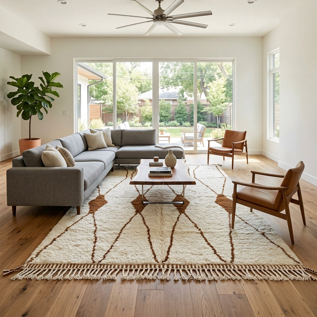 Beige and brown Moroccan wool rug with geometric design, handmade by Berber artisans using natural wool