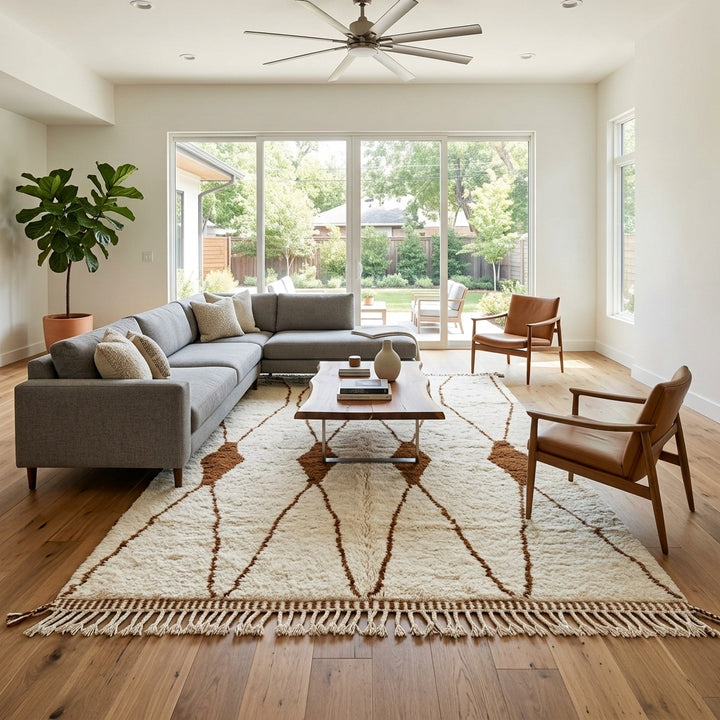 Beige and brown Moroccan wool rug with geometric design, handmade by Berber artisans using natural wool