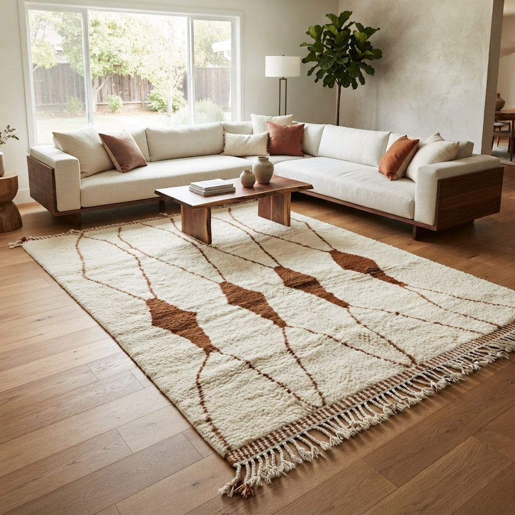 Beige and brown Moroccan wool rug with geometric design, handmade by Berber artisans using natural wool