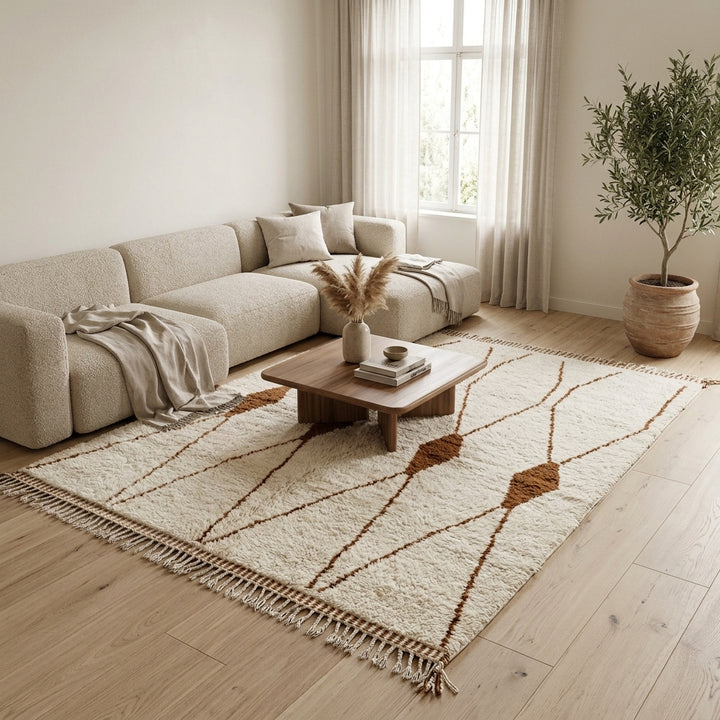 Beige and brown Moroccan wool rug with geometric design, handmade by Berber artisans using natural wool