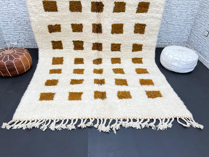 Beige and mustard handmade Moroccan wool rug with checker square pattern