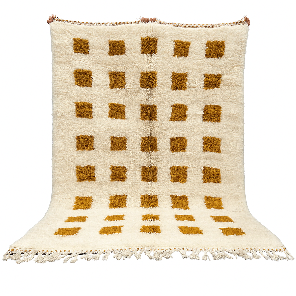 Beige and mustard handmade Moroccan wool rug with checker square pattern
