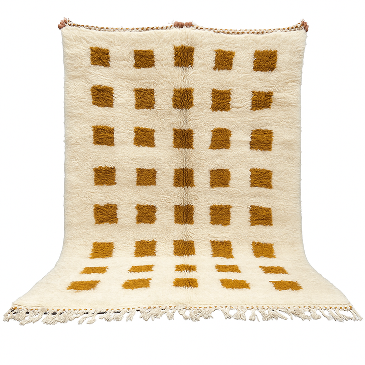 Beige and mustard handmade Moroccan wool rug with checker square pattern