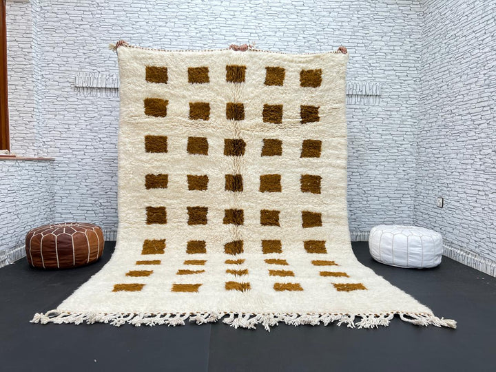 Beige and mustard handmade Moroccan wool rug with checker square pattern