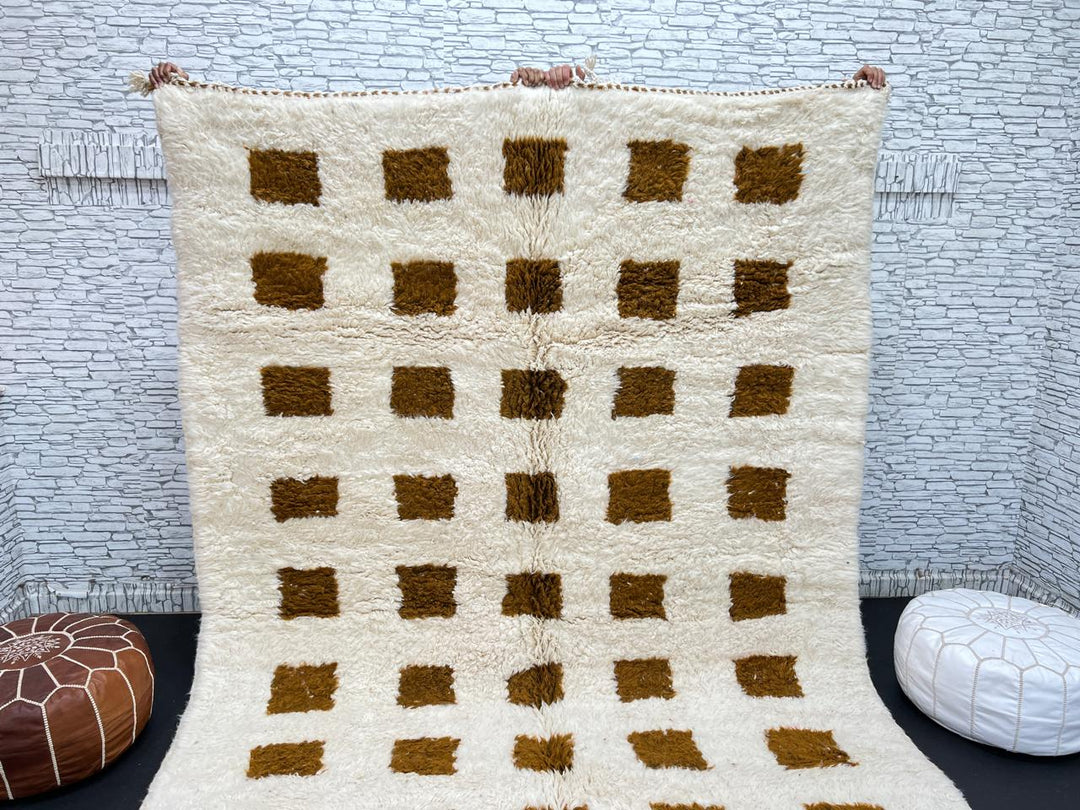 Beige and mustard handmade Moroccan wool rug with checker square pattern