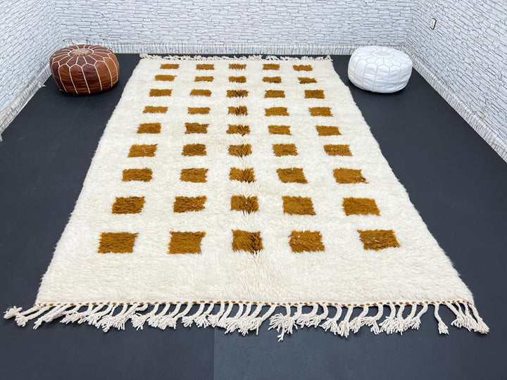 Beige and mustard handmade Moroccan wool rug with checker square pattern