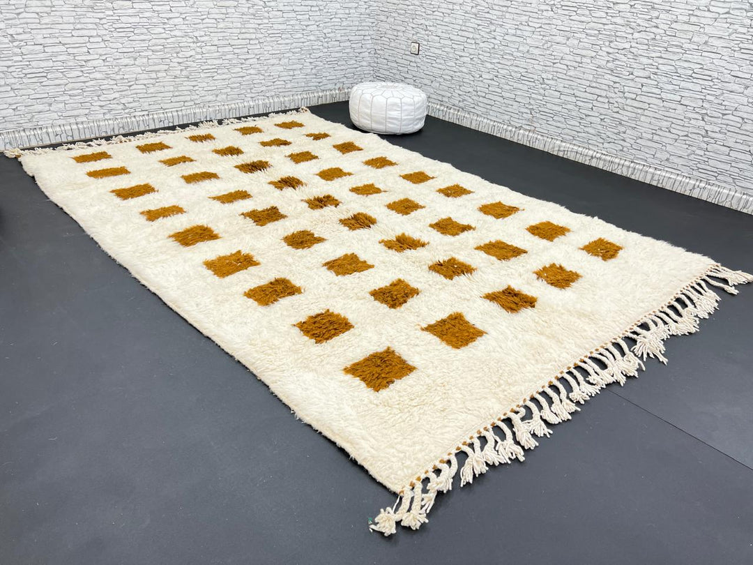 Beige and mustard handmade Moroccan wool rug with checker square pattern