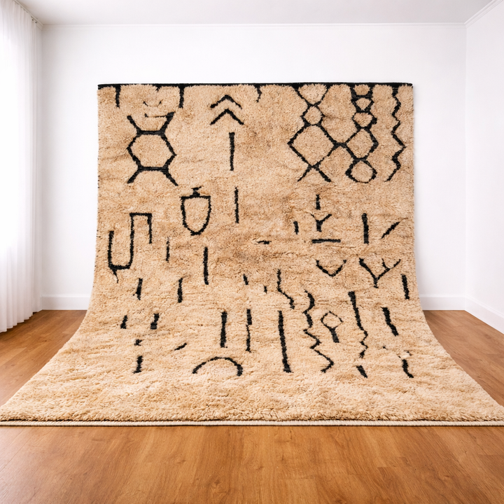 Beni Mrirt Wool Rug – Beige with Black Berber Motifs