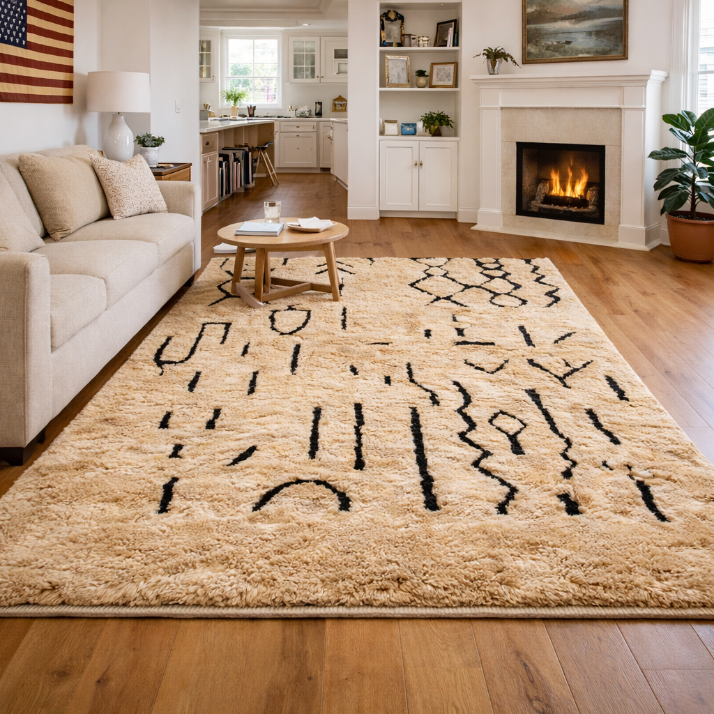 Beni Mrirt Wool Rug – Beige with Black Berber Motifs
