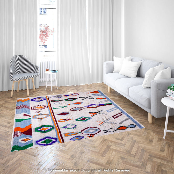 Colorful Moroccan Berber rug with multicolored tribal motifs – handmade wool