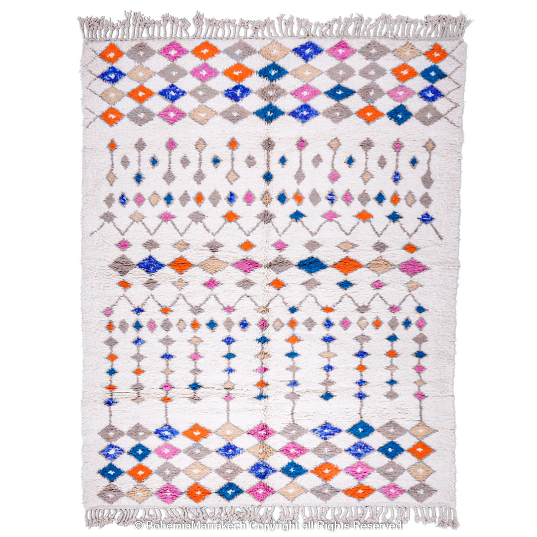 Handmade Moroccan rug with colorful diamond pattern on ivory wool background