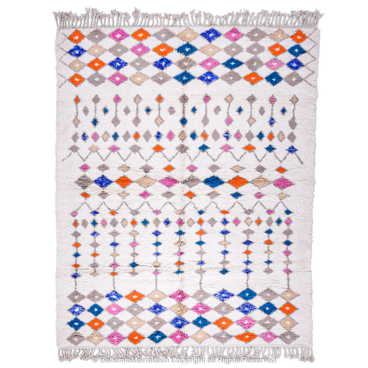 Handmade Moroccan rug with colorful diamond pattern on ivory wool background