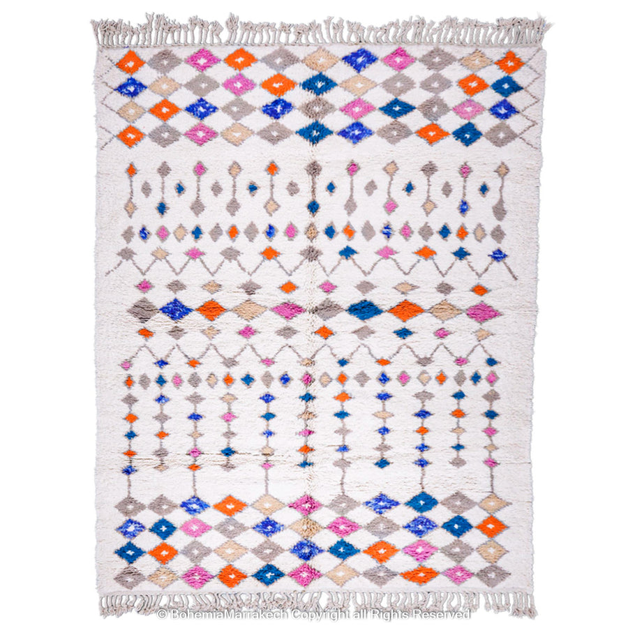 Handmade Moroccan rug with colorful diamond pattern on ivory wool background