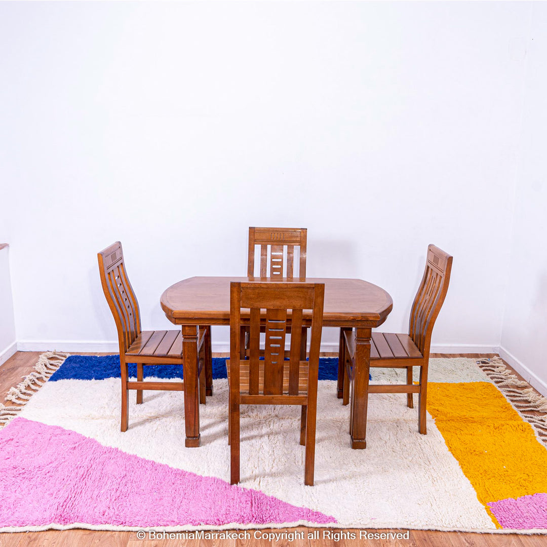Modern Moroccan rug with pink, blue, orange color block design – handmade wool