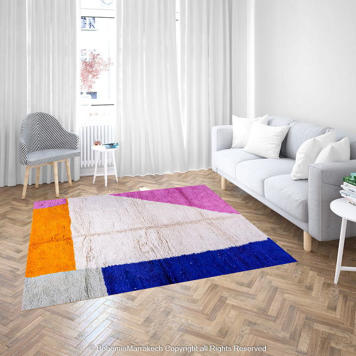 Modern Moroccan rug with pink, blue, orange color block design – handmade wool