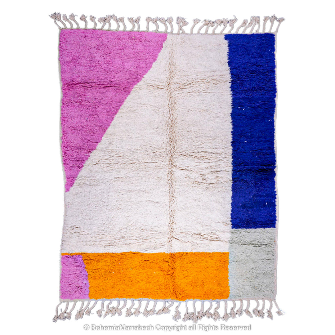 Modern Moroccan rug with pink, blue, orange color block design – handmade wool