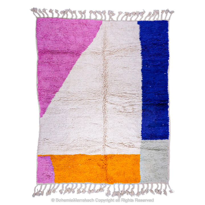Modern Moroccan rug with pink, blue, orange color block design – handmade wool