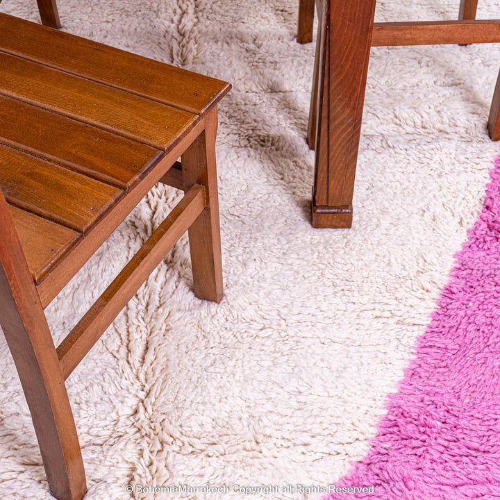Modern Moroccan rug with pink, blue, orange color block design – handmade wool