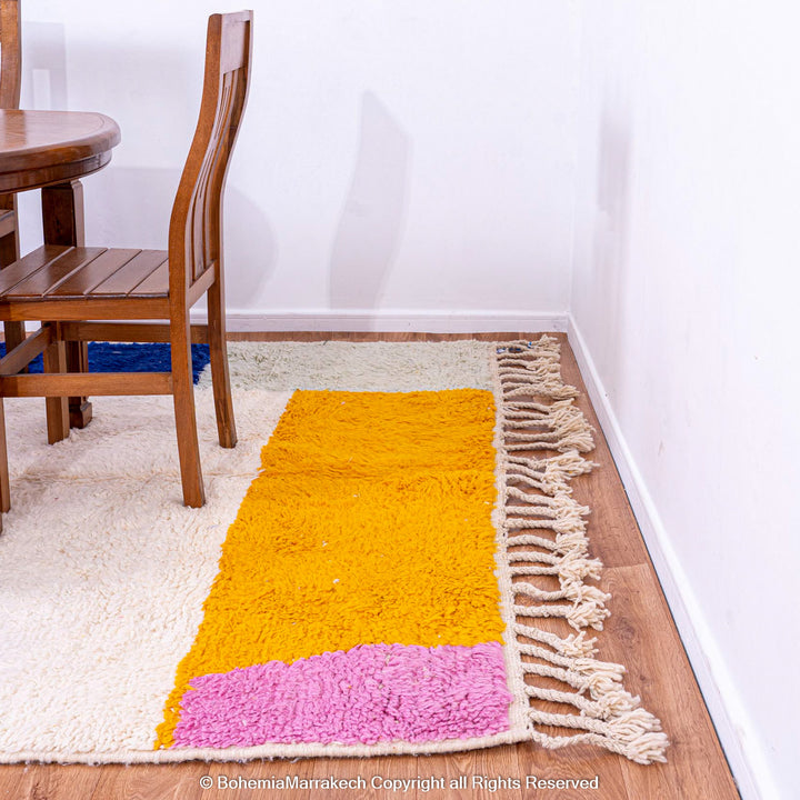 Modern Moroccan rug with pink, blue, orange color block design – handmade wool