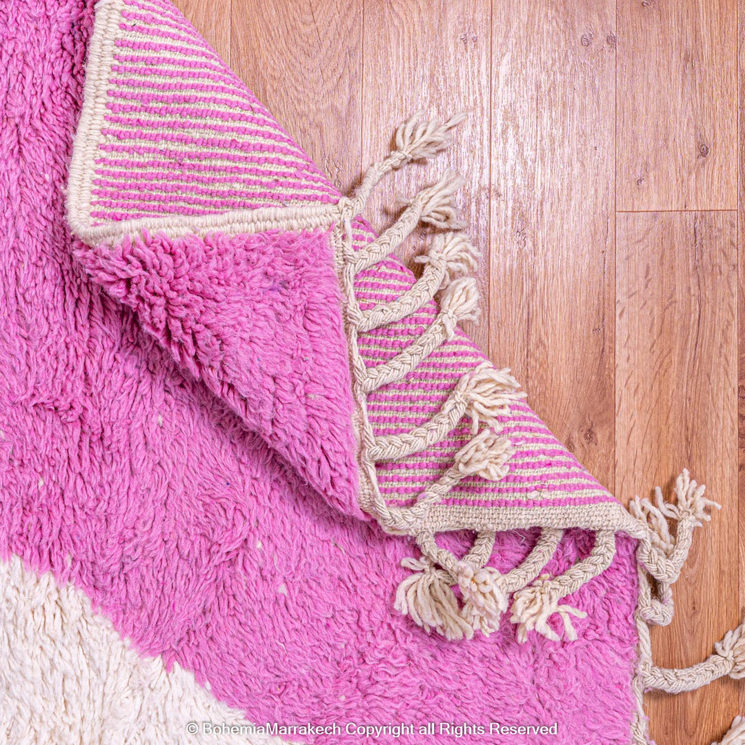 Modern Moroccan rug with pink, blue, orange color block design – handmade wool